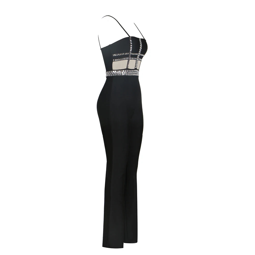 Bodycon Elegant Black Slim Sleeveless Bandage Jumpsuit Women Beading Hollow Out Spaghetti Strap Club Evening Party One Piece Outfits New