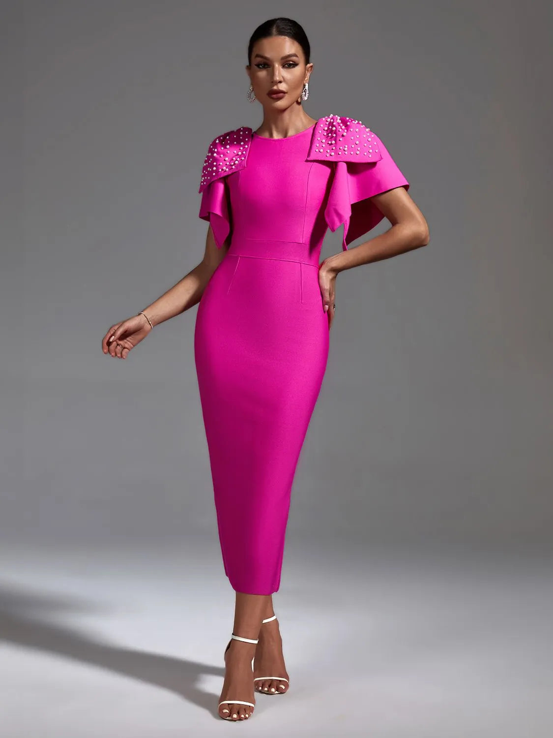 Pink Bandage Dress Women Midi Party Dress Bodycon Elegant Beaded Ruffle Sexy Evening Birthday Club Outfits Summer 2023