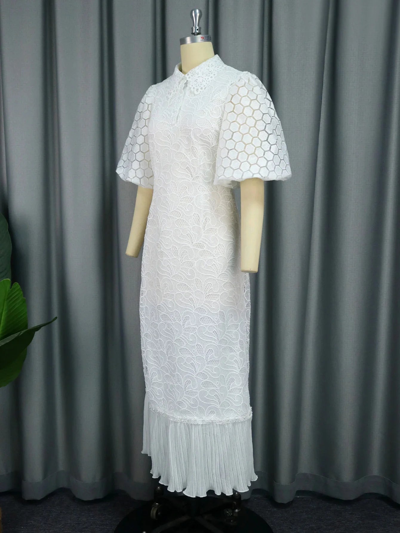 Bodycon Dress For Women White Lace Dresses for Women Wedding Guests Elegant Turn Down Collar Puff Sleeves Pleated Hem Midi Dress Luxury Occasion Clothes