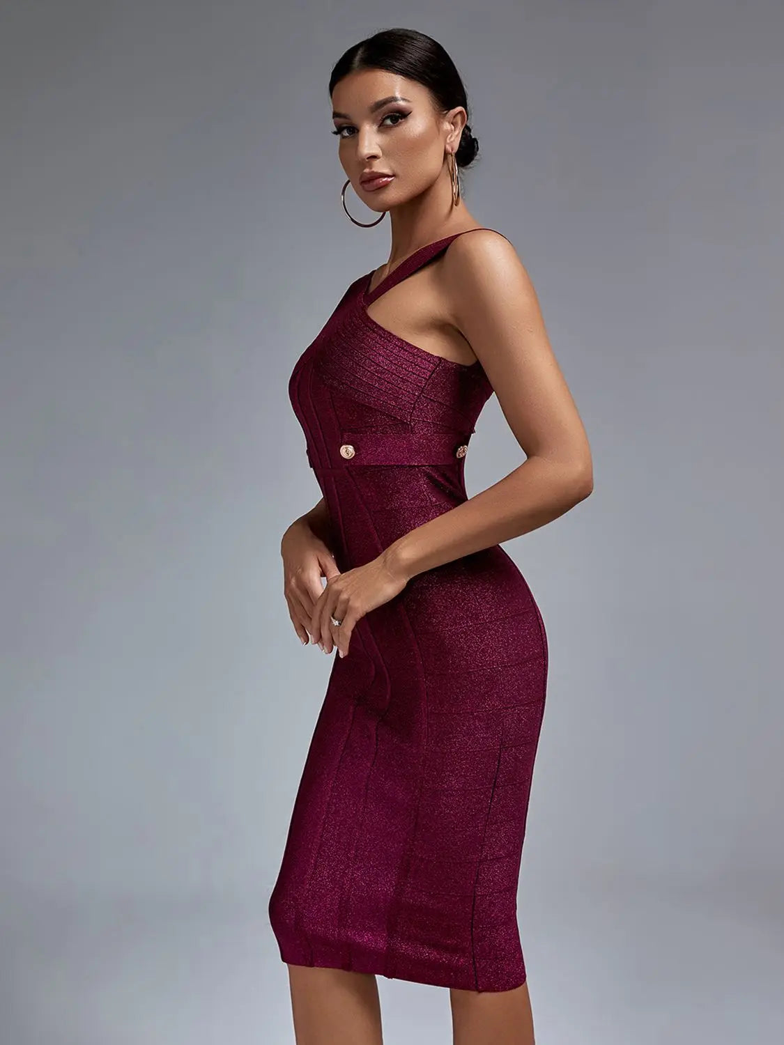 Bodycon Metallic Bandage Dress Women Midi Party Dress Elegant Wine Red Sexy Halter Neck Birthday Evening Club Outfit