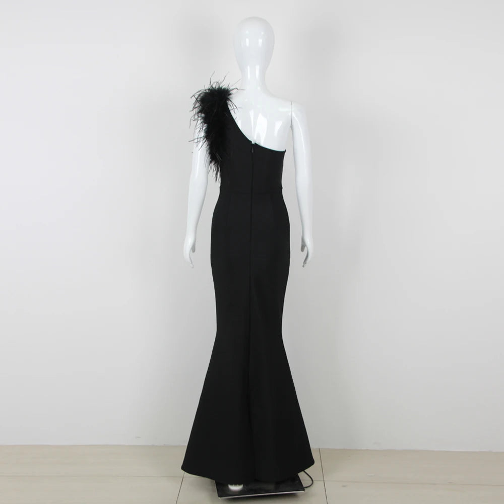 Bodycon Dress For Women Elegant One Shoulder Feather Design Black Bandage Sleeveless Mermaid Long Gowns