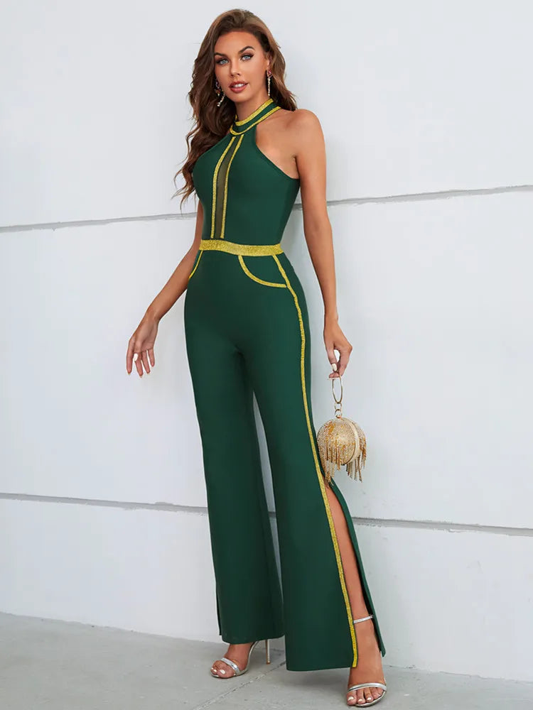 Bodycon Jumpsuits Elastic Bandage Green Yellow Border Long Split Flare Pants High Street Party Rompers