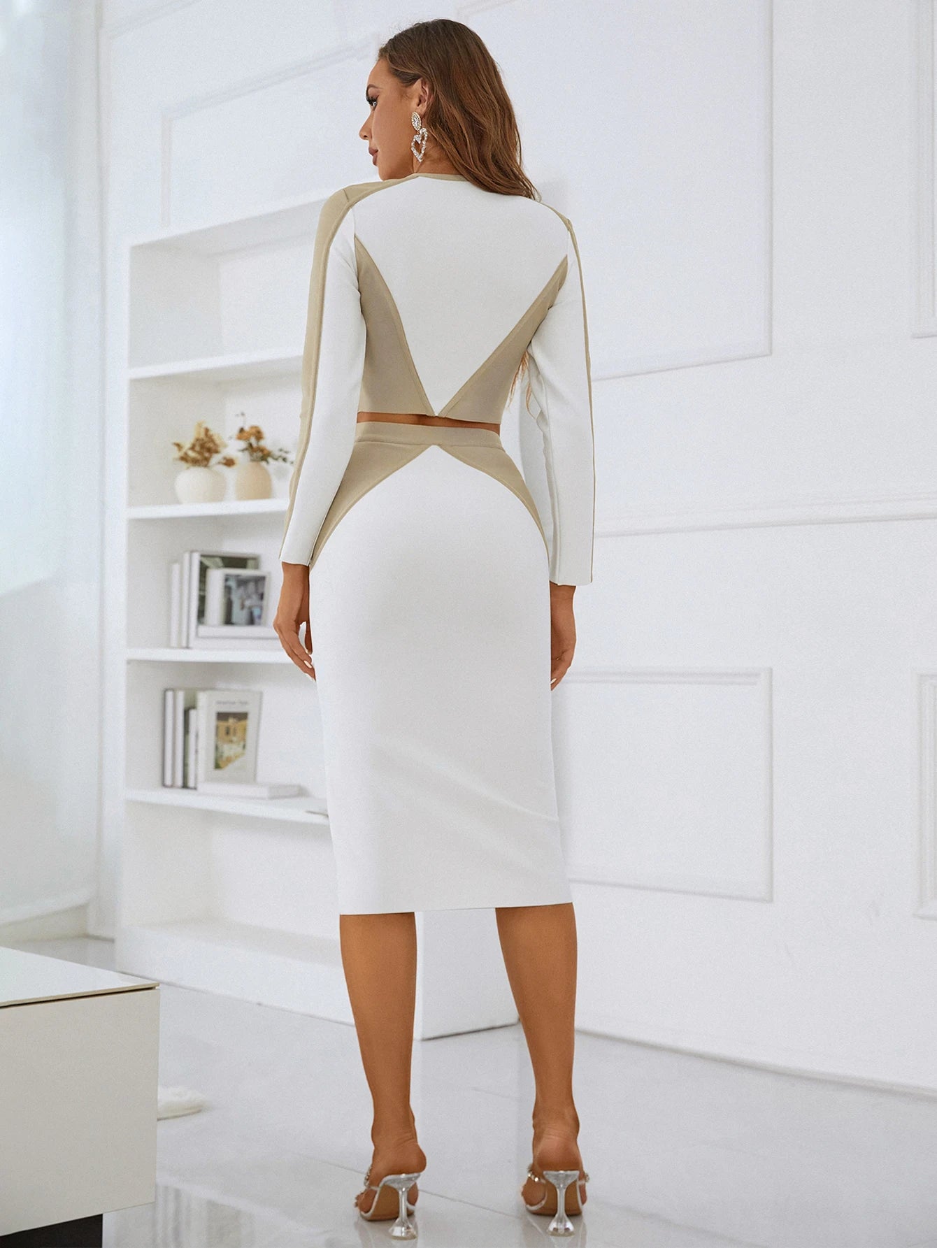 Bodycon Set For Women Sexy Two Pieces Bandage Set Party High Street Patchwork Celebrity Long Sleeve Skirt Suits