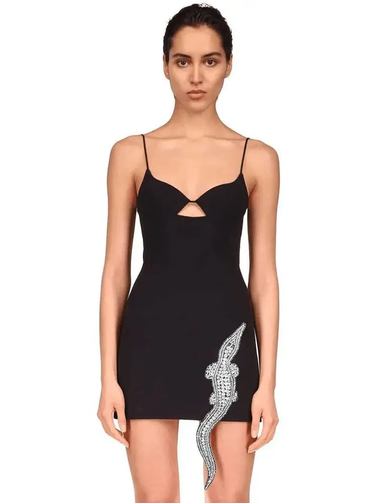 Bodycon Dress For Women Luxury Diamond Spaghetti Strap Backless Design Celebrity Club Black Sleeveless Sexy Mini Bandage Dress