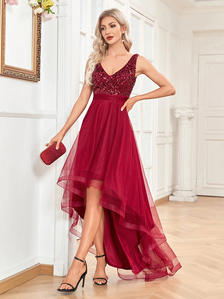 Bodycon Elegant Women V-Neck Sleeveless Sequin Floor Length Formal Evening Dress Red Prom Wedding Party Cocktail Dress