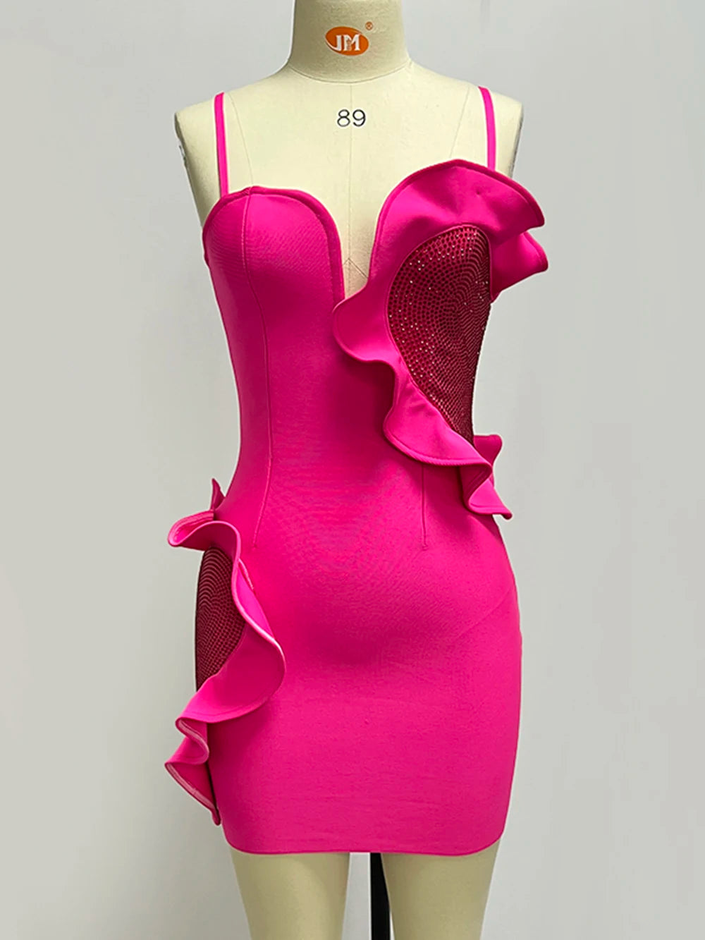 Bodycon Dress For Ladies Hot Pink Diamond Ruffles Spaghetti Strap Backless Design Club Party Sleeveless Sexy Mini Bandage Dress