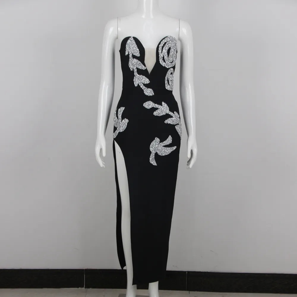 Bodycon Dress For Women Sexy Strapless Backless Sequin Split Black Maxi Long Bodycon Bandage Dress