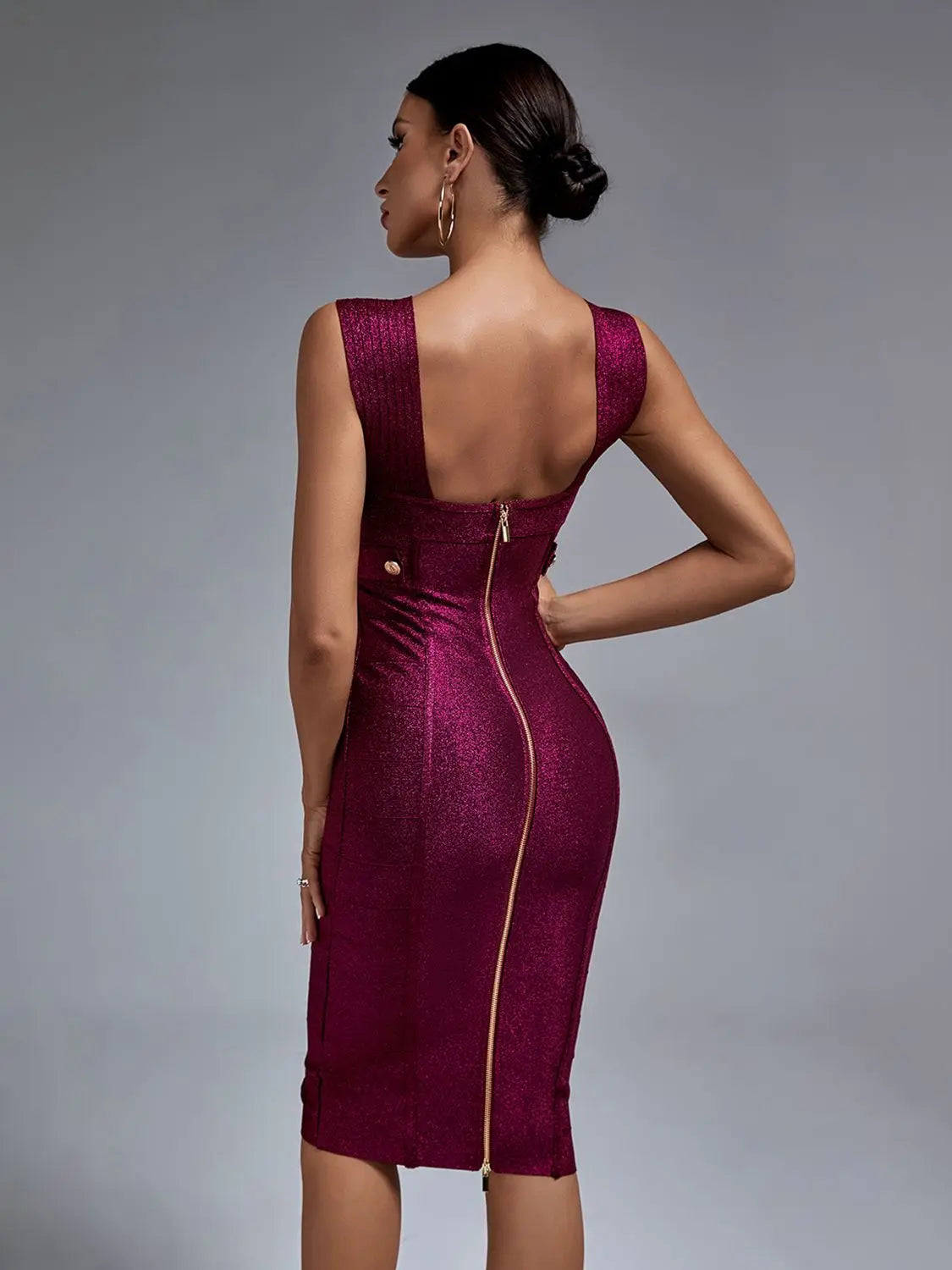 Bodycon Metallic Bandage Dress Women Midi Party Dress Elegant Wine Red Sexy Halter Neck Birthday Evening Club Outfit