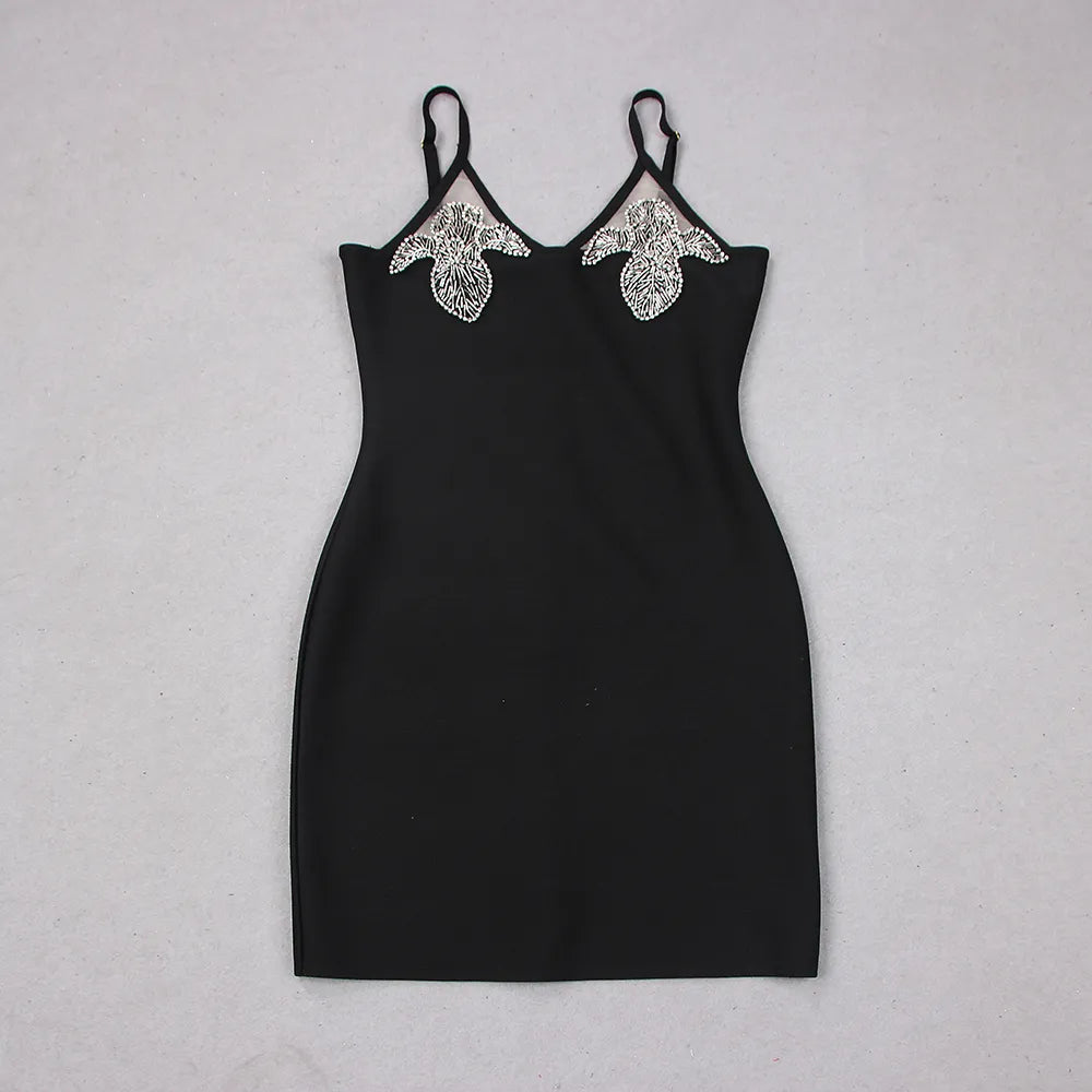 Bodycon Dress For Women Black Pearl Design Sleeveless Female Clothing Celebrity Party Sexy Spaghetti Strap Mini Bandage Dress