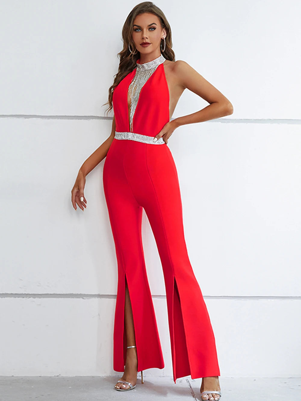 Bodycon Jumpsuit Sleeveless Luxury Diamond Tassels Bandage Jumpsuits For Women Sexy Backless Halter Party Rompers Clothes