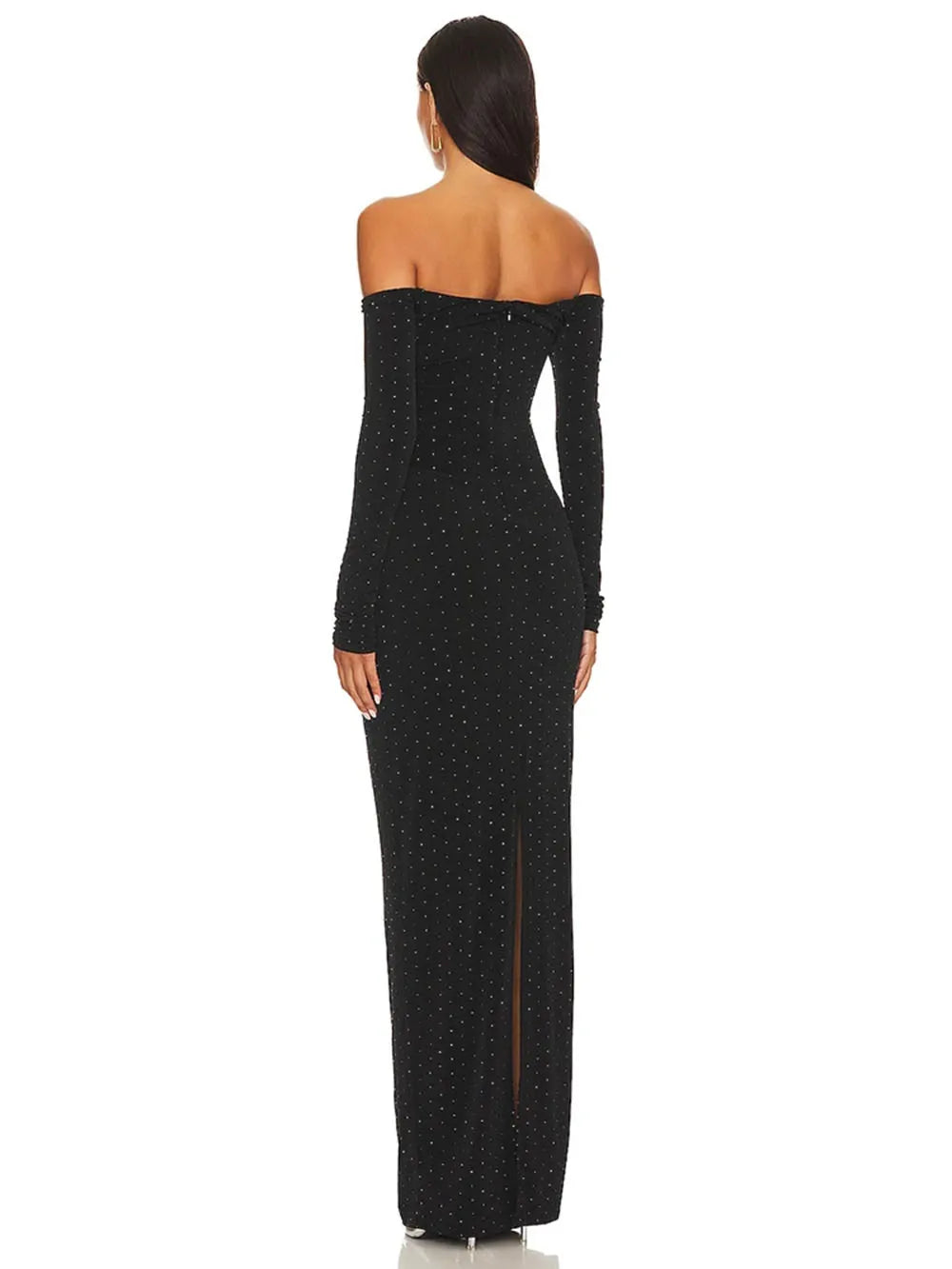 Bodycon Dress Sexy Hollow Off Shoulder Rhinestone Slim Long Dress Black Backless Women Maxi Long sleeved Dresses Party Club Evening