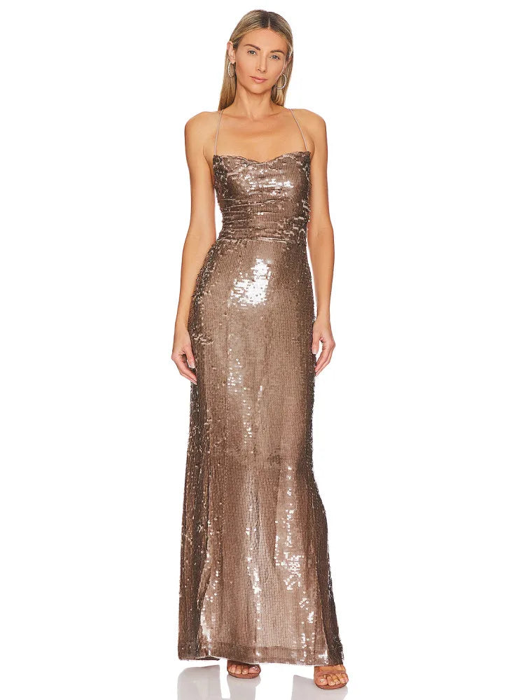 Bodycon Dress For Women Sexy Sleeveless Backless Brown Sequins Long Maxi Dress High Street Glitter Party Dress Vestido