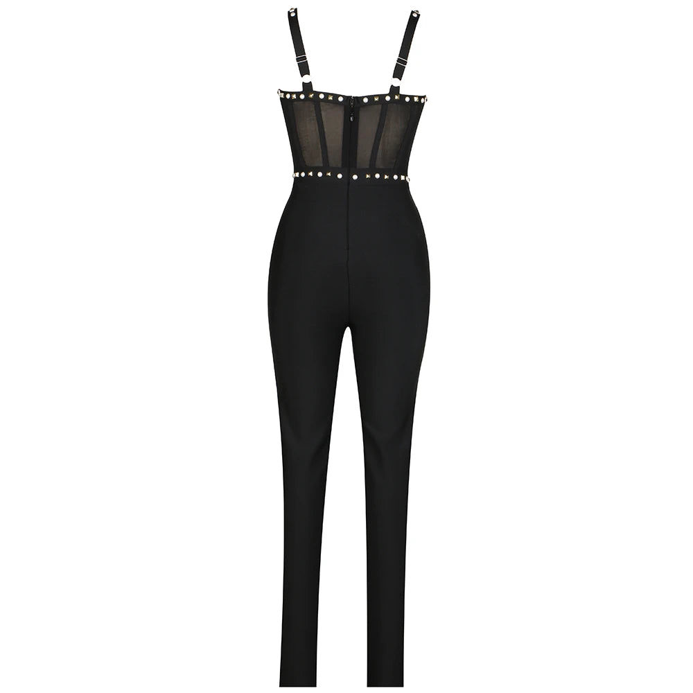 Bodycon Black Bandage Jumpsuit Women Spaghetti StrapV Neck Jumpsuits Solid Beaded Patchwork Mesh Club Evening Party One Piece Outfits