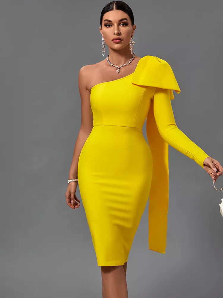 Bodycon Dress New Womens Yellow Bandage Dress Elegant Sexy Bowknot Evening Club Party Dress