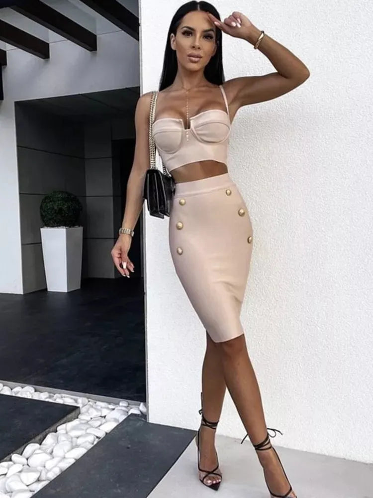 Bodycon Black Women Sexy Strap 2 Pieces Bodycon Mini Dress Rayon Bandage Button Fashion Nightclub Party Celebrate Outfit