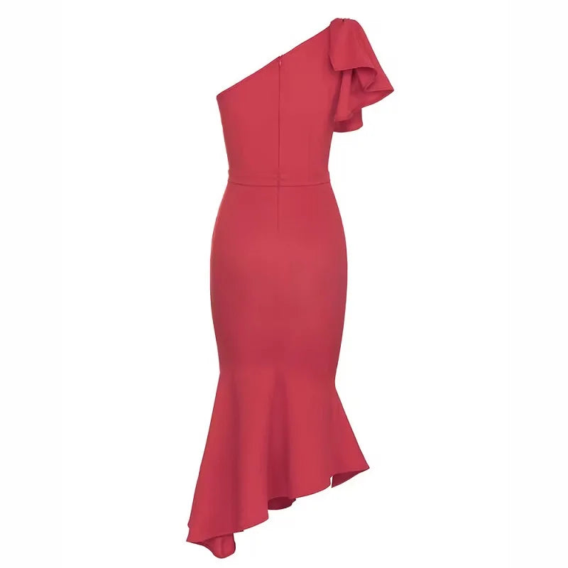 Bodycon Red Bow Trumpet Bandage Dress Sexy One Shoulder Sleeveless Evening Elegant Celebrity Club Party Midi Dress