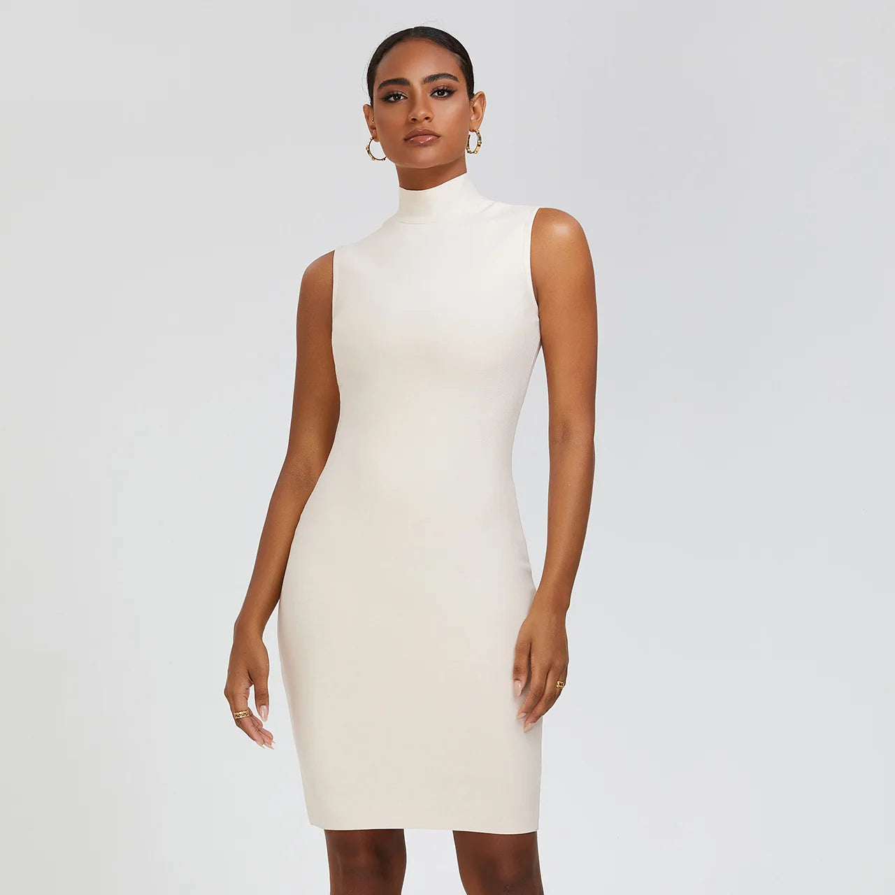 Bodycon White Sexy Turtleneck Slim Bandage Dress Women Elegant Sleeveless Celebrity Evening Party Dresses Vestido Wholesale