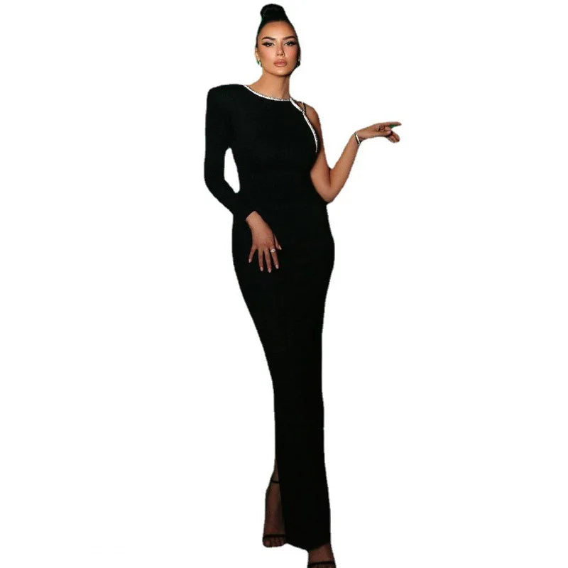 Bodycon Black Slim One Shoulder Bandage Dress Women Diamonds Designed Long Sleeve Mermaid Celebrity Evening Party Dress Vestidos