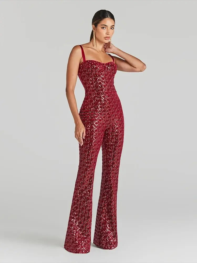 Bodycon Jumpsuit for Women Wine Red Black Sexy Luxury Sequins Sleeveless Backless Long Jumpsuit Elegant Party Jumpsuit