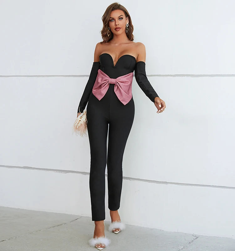 Bodycon Elegant Backless Bow Knot Slim Long Black Jumpsuit Party Gathering