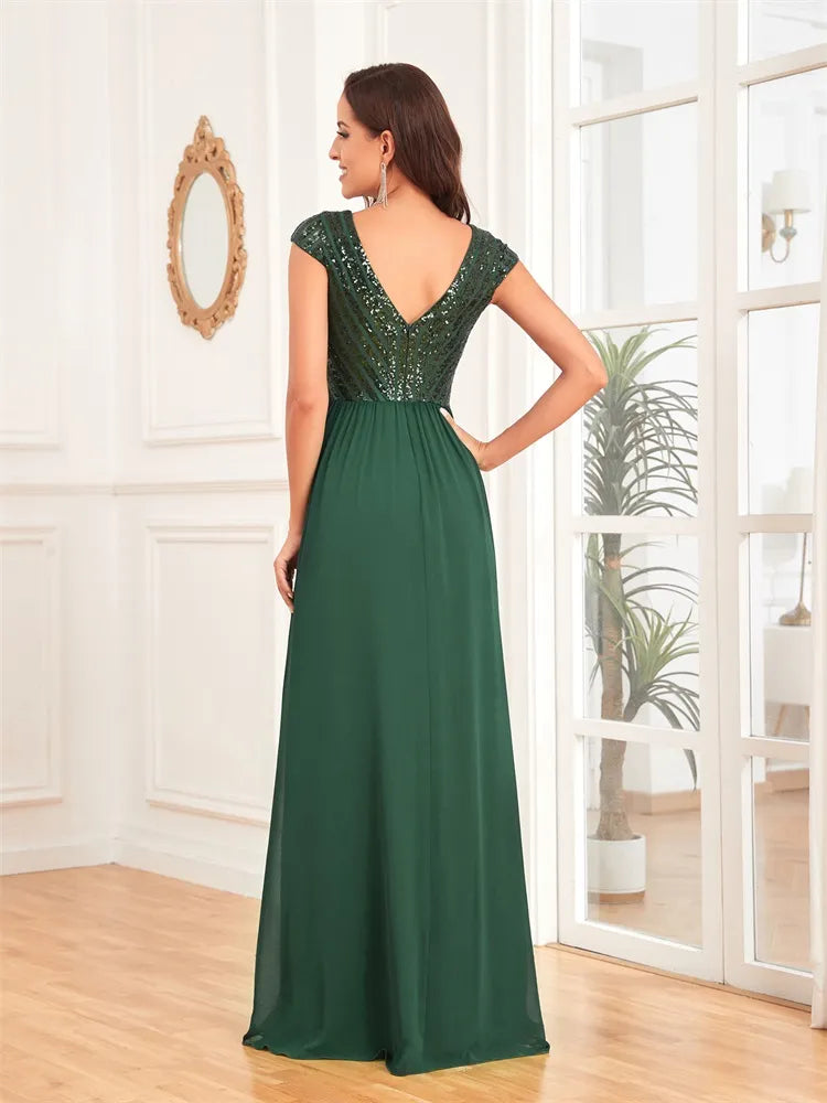 Bodycon Elegant Sequins Sleeveless Evening Dress Women V Neck Green Wedding Party Graduation Prom Chiffon Cocktail Gowns