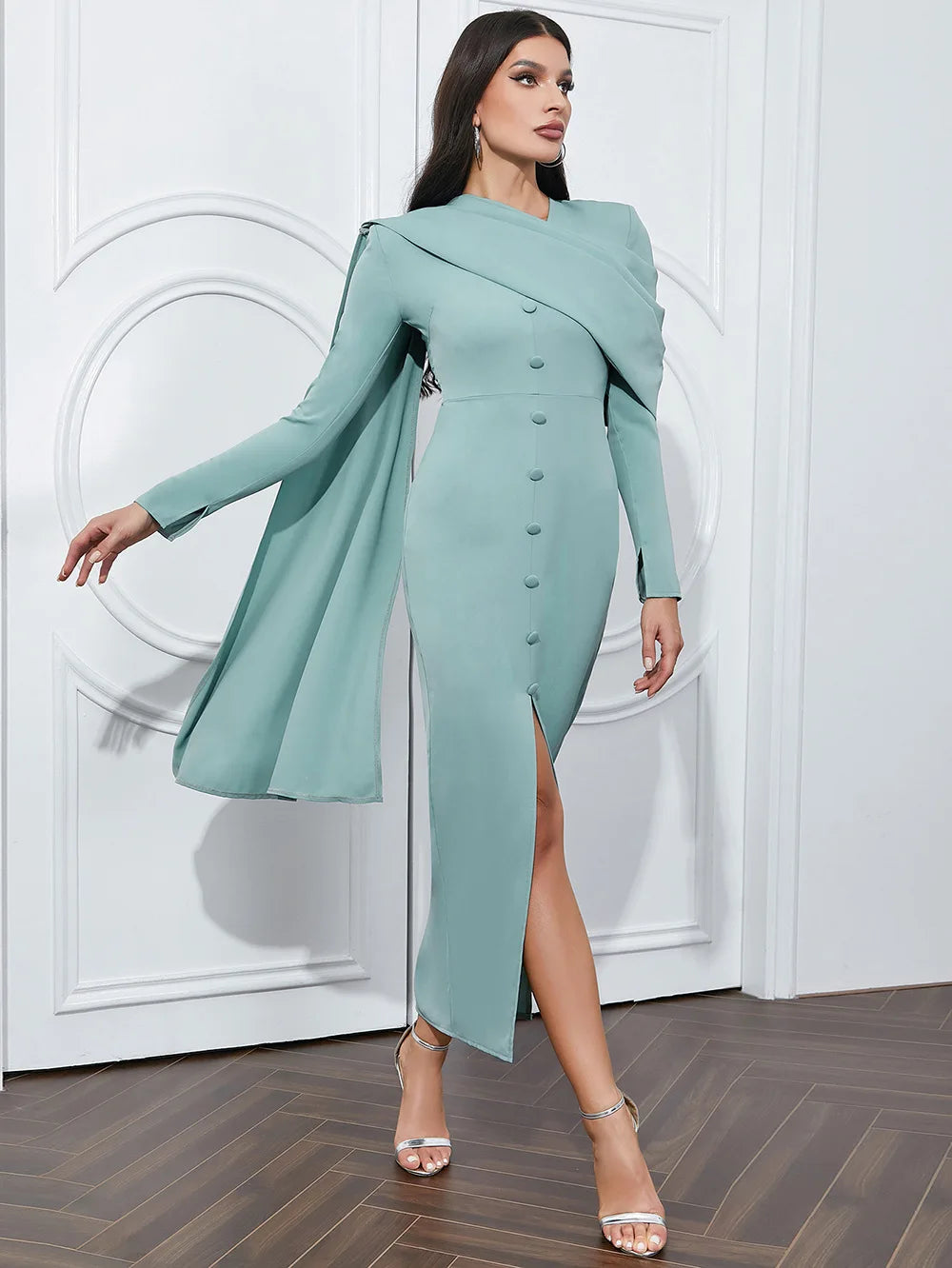 Bodycon Long Sleeve Slim Draped Blue Dress For Women Elegant  Split Outfit Evening Party Dresses Wholesale