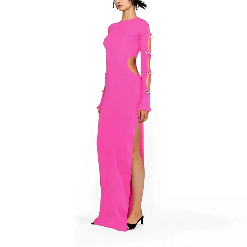 Bodycon Dress For Women Rose Red Black Hollow Long sleeves Backless Boutique Celebrity Cocktail Party Bandage Long Dress