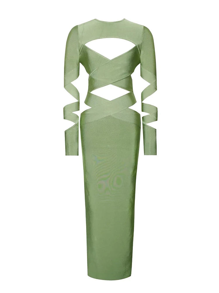 Bodycon Dress For Women Sexy Long Dress Cross Hollow Out Design Back Split With Zipper Party Wear Bandage Long Green Dress Vestidos