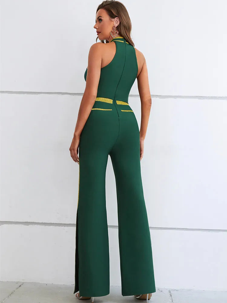 Bodycon Jumpsuits Elastic Bandage Green Yellow Border Long Split Flare Pants High Street Party Rompers