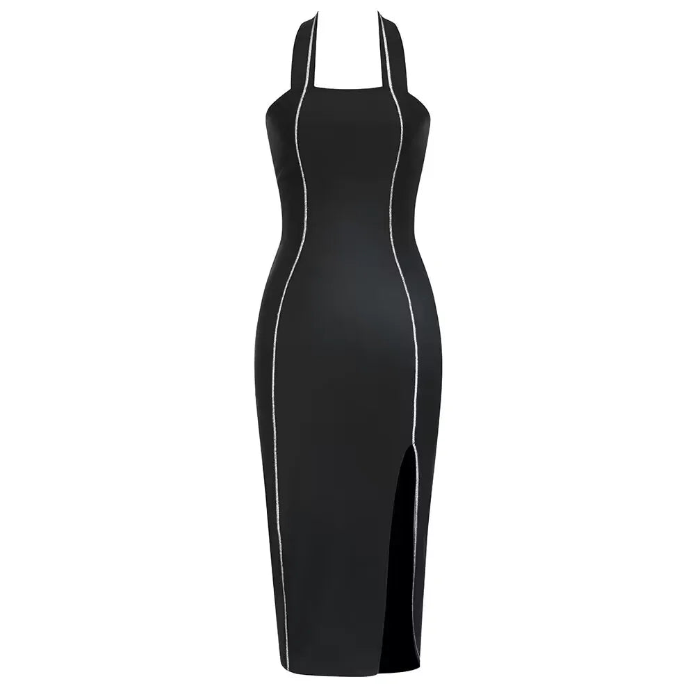 Bodycon Sleeveless Black Bright Line Decoration Bodycon Women Fashion Backless Halter Midi Bandage Dress Sexy Elegant Party Dress