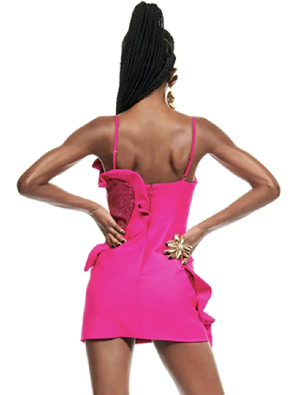 Bodycon Dress For Ladies Hot Pink Diamond Ruffles Spaghetti Strap Backless Design Club Party Sleeveless Sexy Mini Bandage Dress