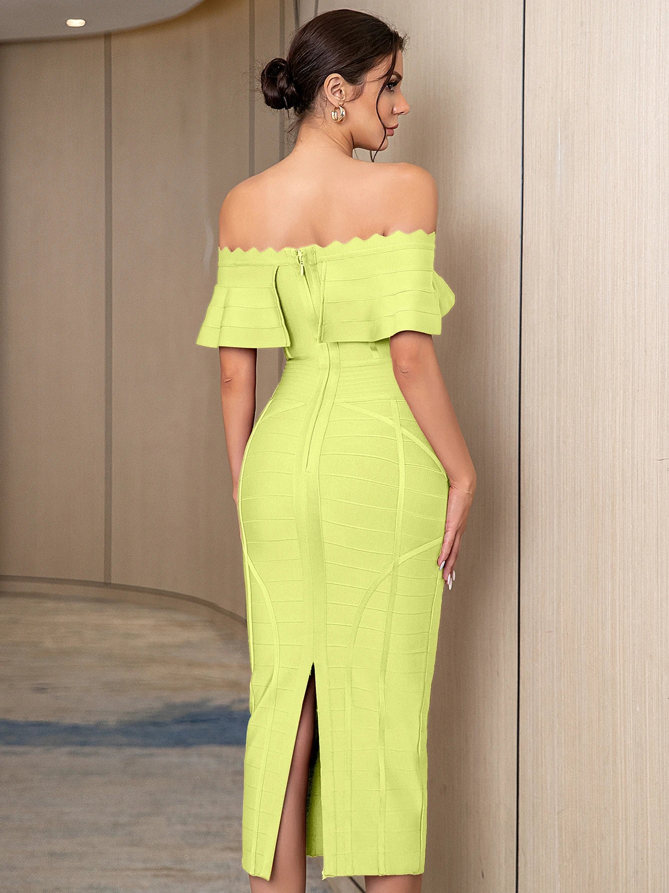 Bodycon Women Green Off Shoulder Bandage Dress Sexy Short Sleeve Midi Club Celebrity Night Runway Party Dresses