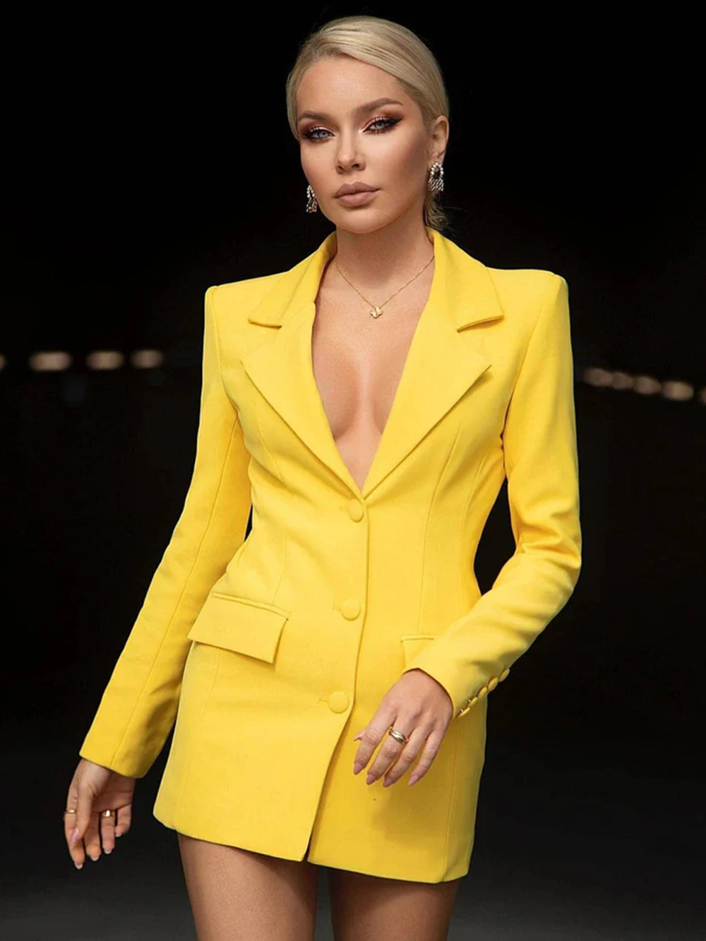 Bodycon Dress Fashion Yellow Sexy diamond Backless design Blazers For Women Slim Long Jackets Office Ladies Outerwear