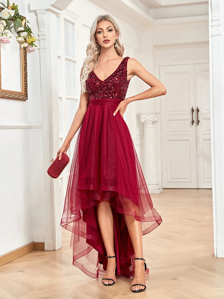 Bodycon Elegant Women V-Neck Sleeveless Sequin Floor Length Formal Evening Dress Red Prom Wedding Party Cocktail Dress