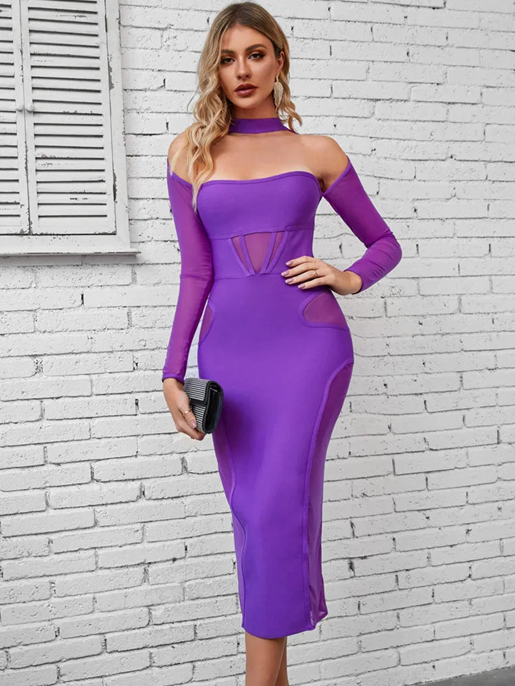 Bodycon Dress For Women Sexy Off Shoulder Long Sleeve Mesh Purple Midi Bandage Dress Knitted Elegant Evening Club Party Dress