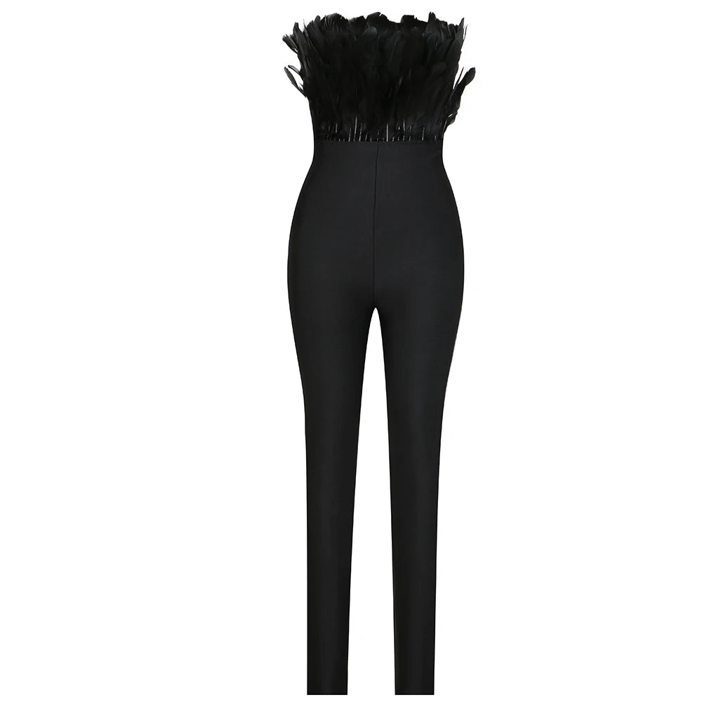 Bodycon Elegant Black Slim Sleeveless Bandage Jumpsuit Women Solid Feathers Designed Jumpsuit Club Evening Party One Piece Outfits