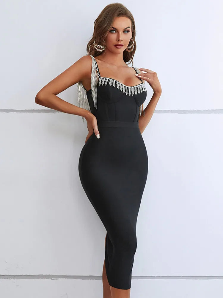 Bodycon Dress For Women Sexy Crystal Diamonds Tassel Black Midi Bodycon Bandage Dress Elegant Party Stage Performance Dress