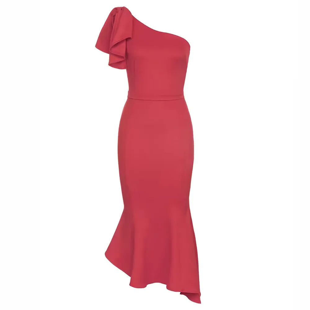 Bodycon Red Bow Trumpet Bandage Dress Sexy One Shoulder Sleeveless Evening Elegant Celebrity Club Party Midi Dress