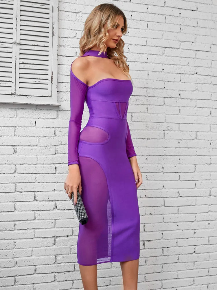 Bodycon Dress For Women Sexy Off Shoulder Long Sleeve Mesh Purple Midi Bandage Dress Knitted Elegant Evening Club Party Dress