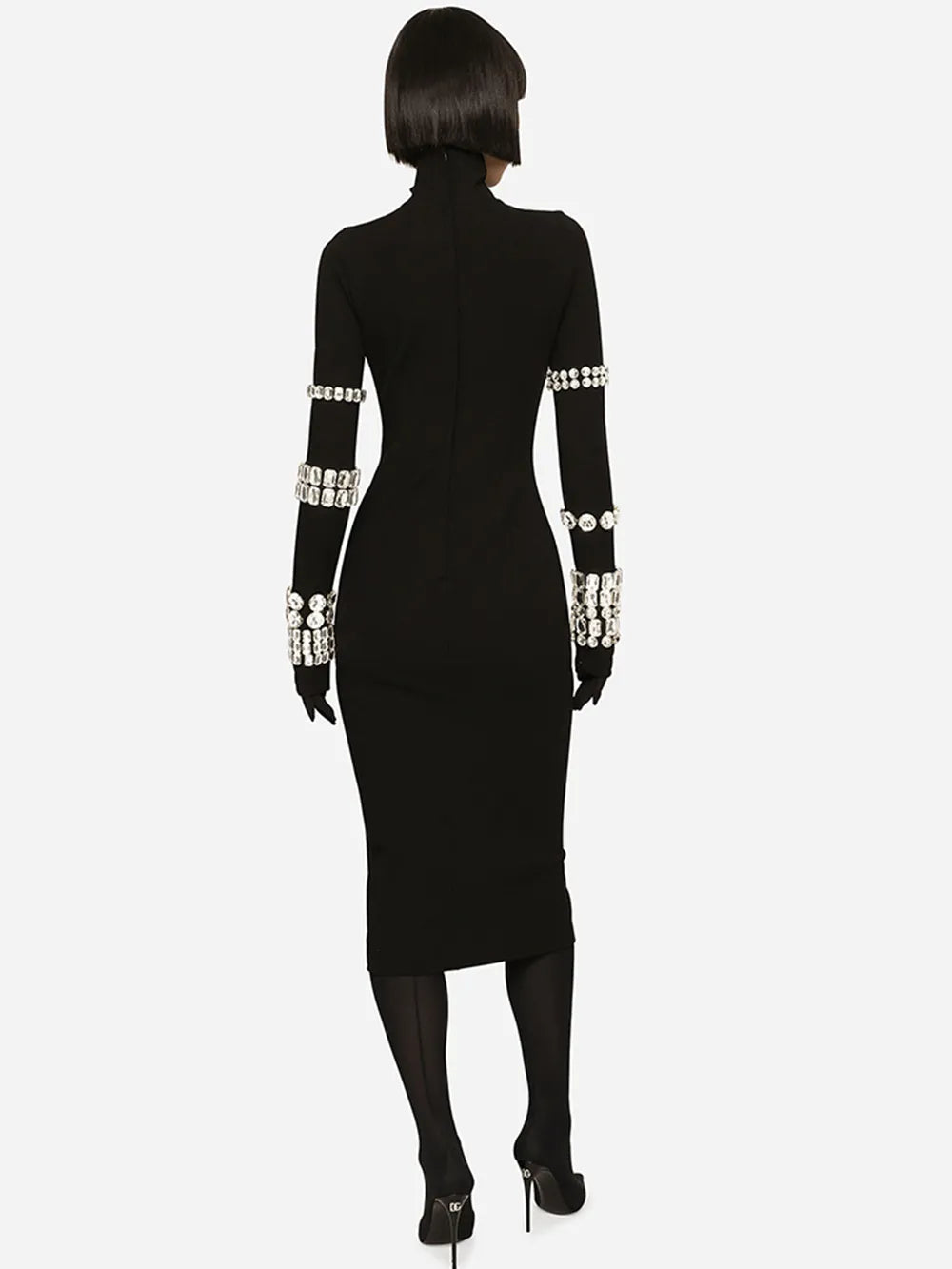 Bodycon Dress For Women Luxury Long Sleeve O-Neck Crystal Diamond Bandage Black Midi Dress Bodycon Party Evening Dress