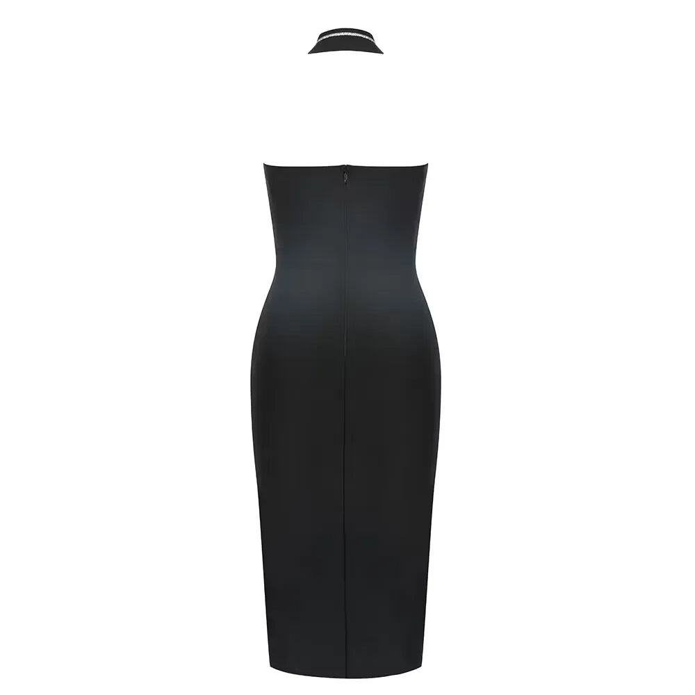 Bodycon Sleeveless Black Bright Line Decoration Bodycon Women Fashion Backless Halter Midi Bandage Dress Sexy Elegant Party Dress