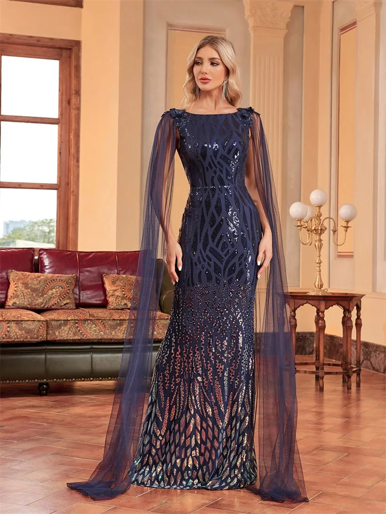 Bodycon Dress For Women Luxury Arabia Long Sleeve Sequins Evening Dress Female Guests Wedding Party Prom Blue Cocktail Dresses