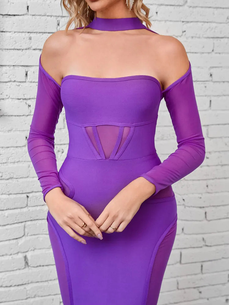 Bodycon Dress For Women Sexy Off Shoulder Long Sleeve Mesh Purple Midi Bandage Dress Knitted Elegant Evening Club Party Dress