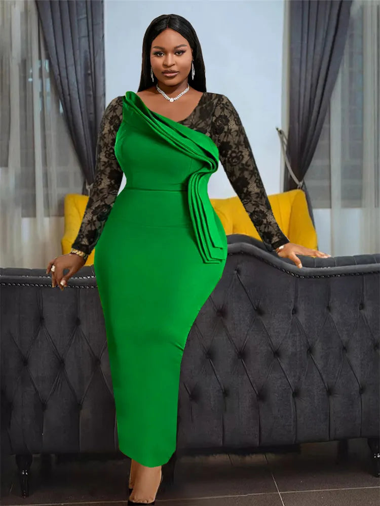 Bodycon Party Dress Maxi Women Green Bodycon Pleated  Black Lace Patchwork Long Sleeve Birthday African Event Celebrate Gowns
