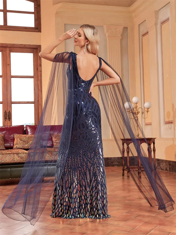 Bodycon Dress For Women Luxury Arabia Long Sleeve Sequins Evening Dress Female Guests Wedding Party Prom Blue Cocktail Dresses