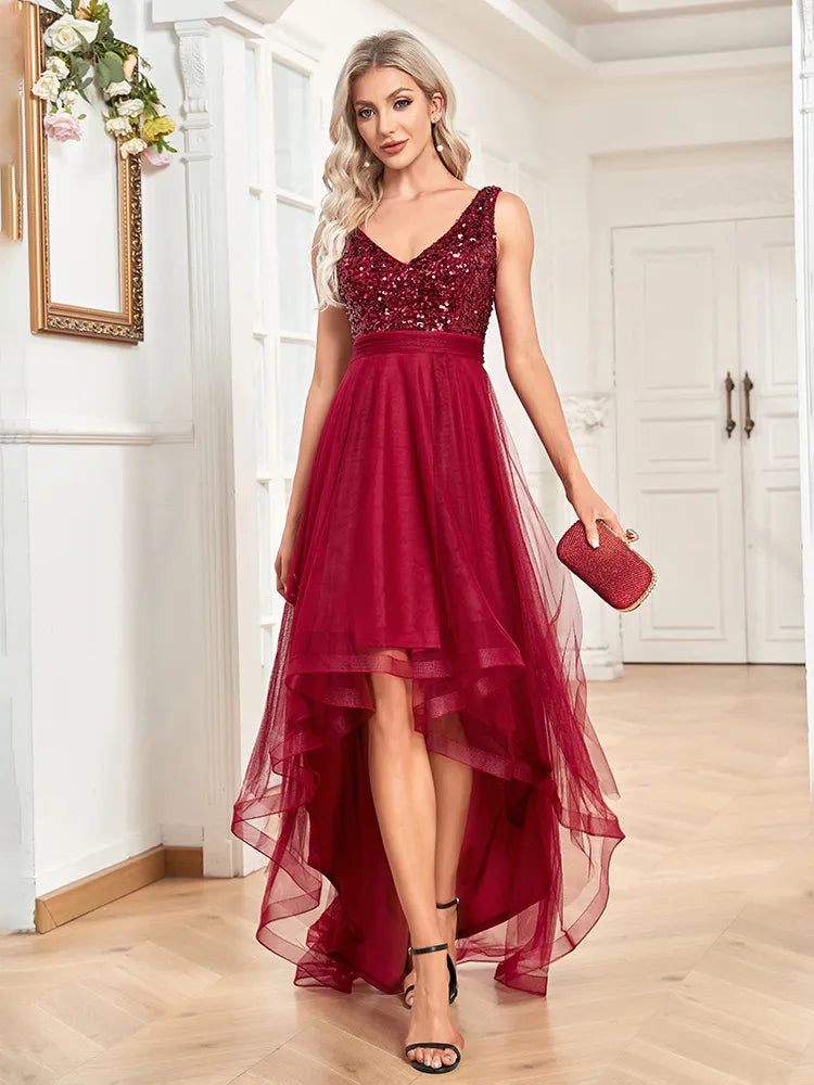 Bodycon Elegant Women V-Neck Sleeveless Sequin Floor Length Formal Evening Dress Red Prom Wedding Party Cocktail Dress