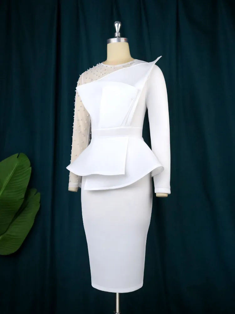 Bodycon Dress For Women White Party Dress Sexy Long Sleeve Beading Mesh Patchwork Peplum Elegant Knee Length Christmas Event Evening African Gowns