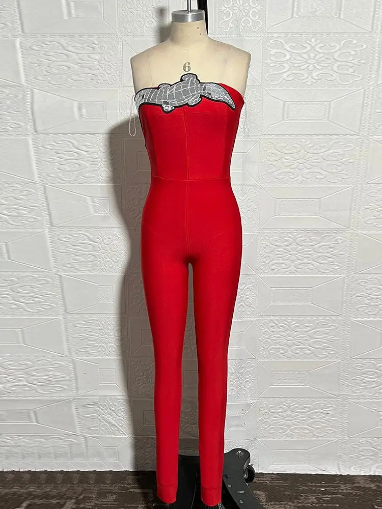 Bodycon Jumpsuit For Women Sexy Strapless Backless Sequins Red Tight Celebrity Designer Celebrity Party Bandage Jumpsuit