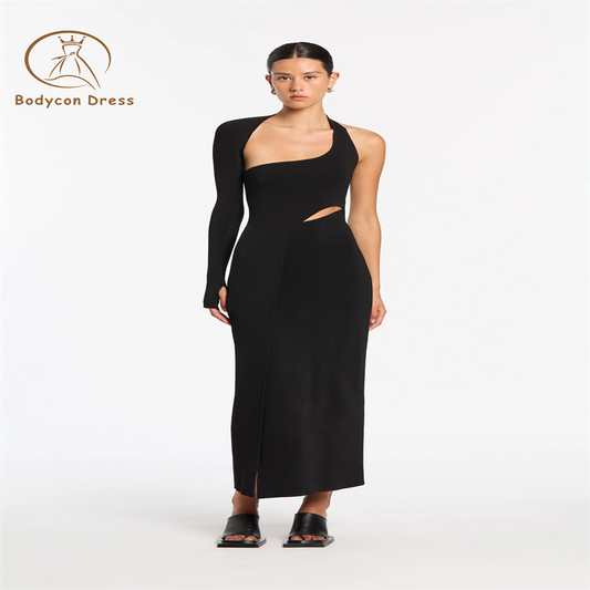 Bodycon One Shoulder Black Long Sleeve Backless Maxi Bandage Dress For Women Elegant Cut Out Celebrity Evening Party Dresses